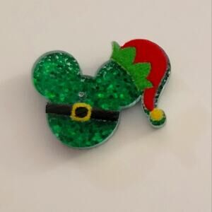 Green and red glitter christmas mouse earrings wearing santa hat